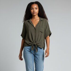 Splendid Tie Front Button Down Shirt- Dark Green- M